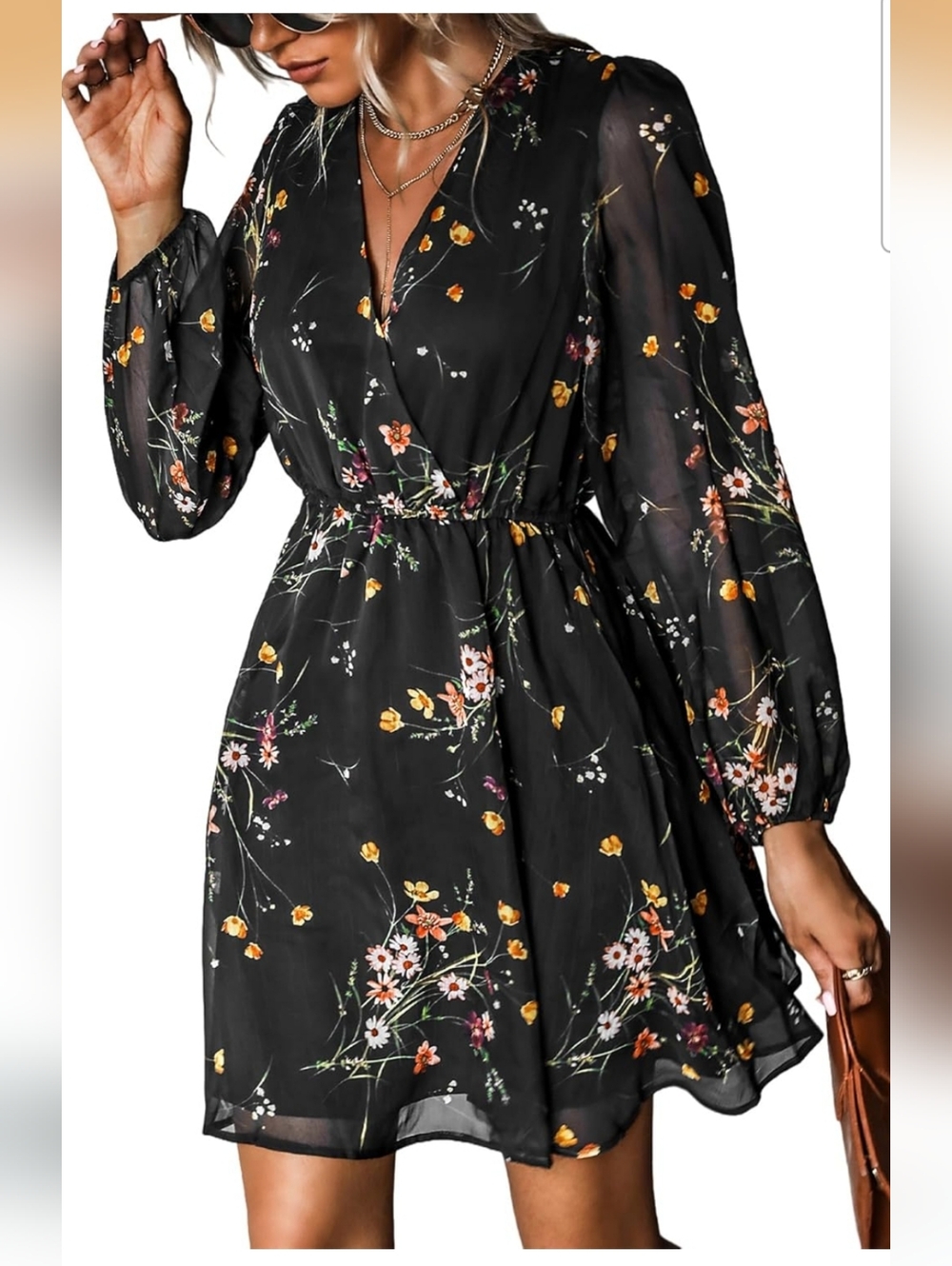 Cupshe Black Floral Long-Sleeve Dress Lg
